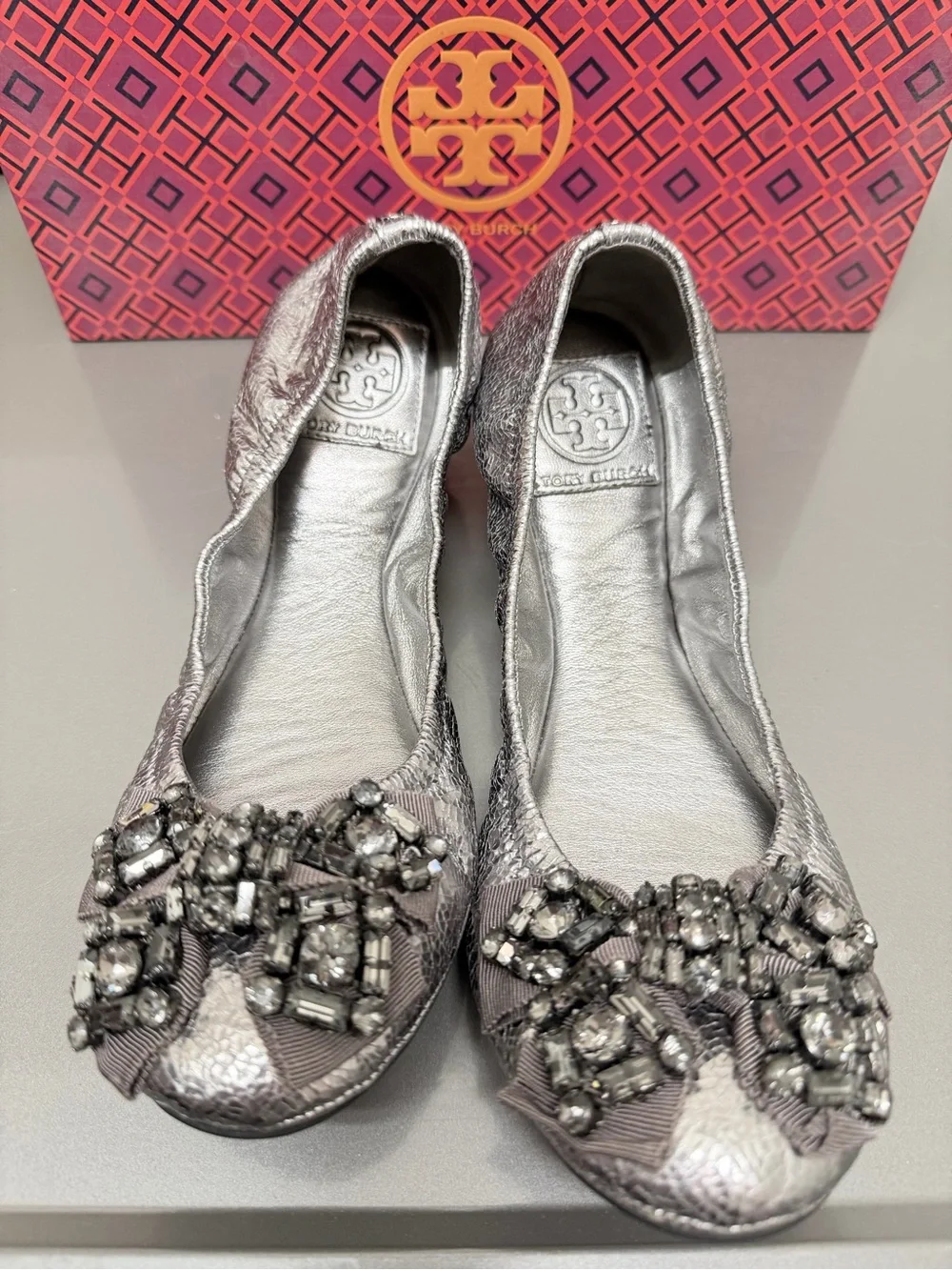 Tory Burch Metallic Pewter Jeweled Bow Ballet Flats